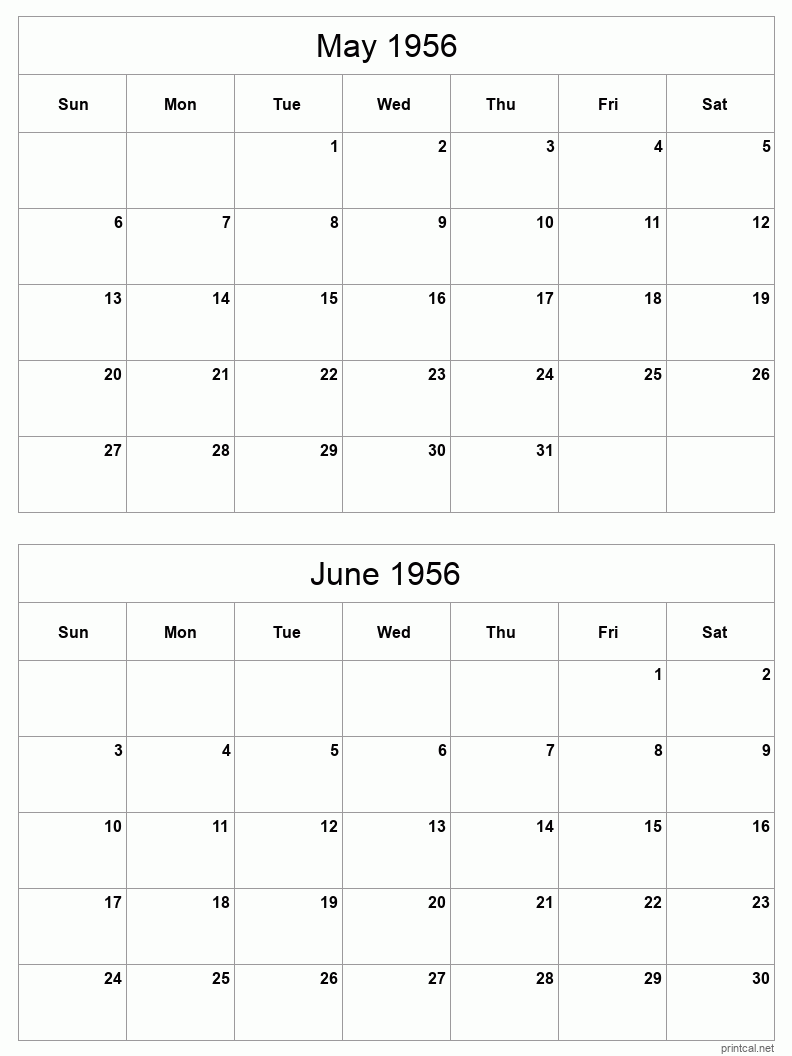 2 month calendar May to June 1956