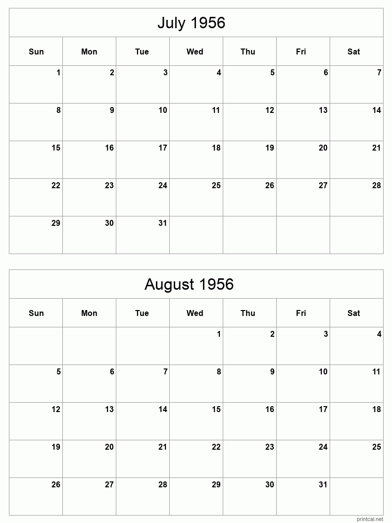 2 month calendar July to August 1956