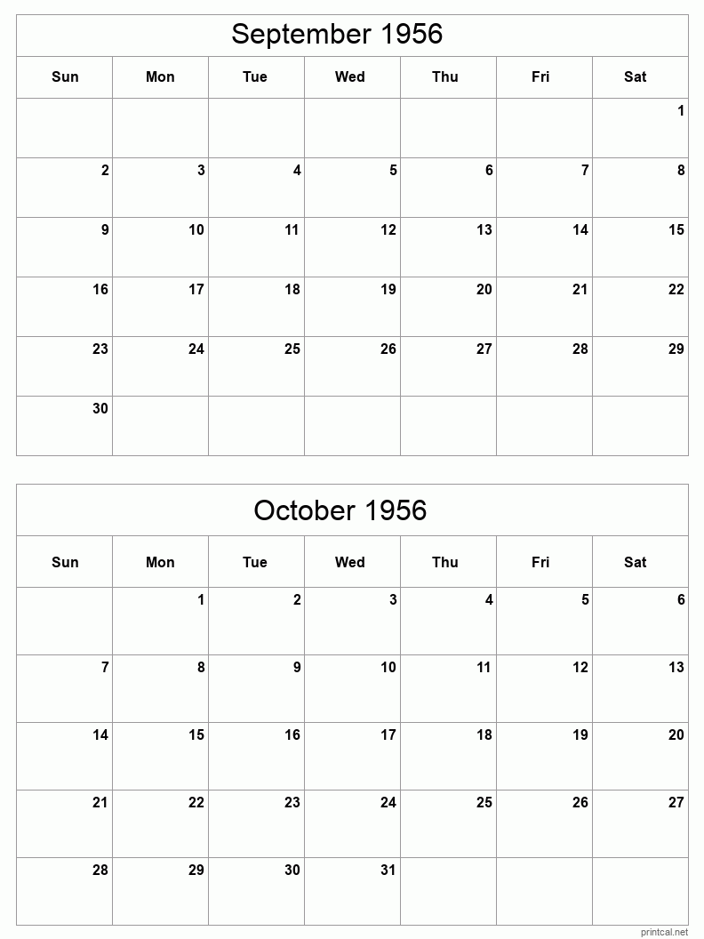 2 month calendar September to October 1956