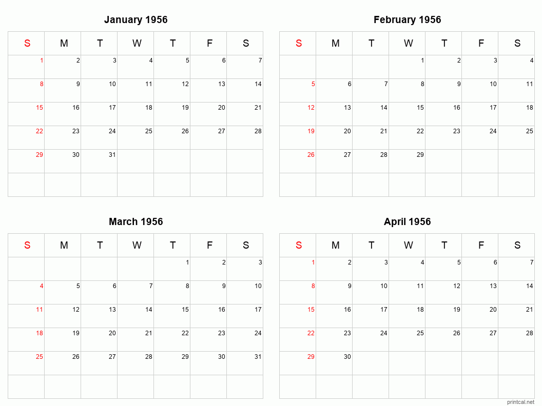 4 month calendar January to April 1956