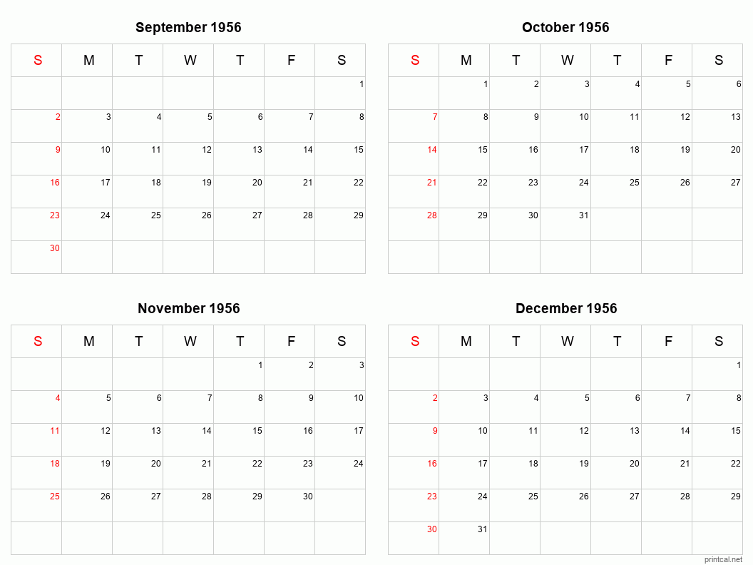 4 month calendar September to December 1956