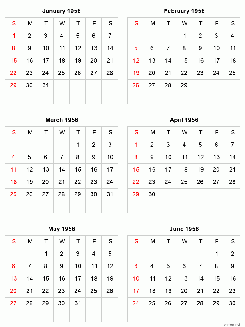 6 month calendar January to June 1956