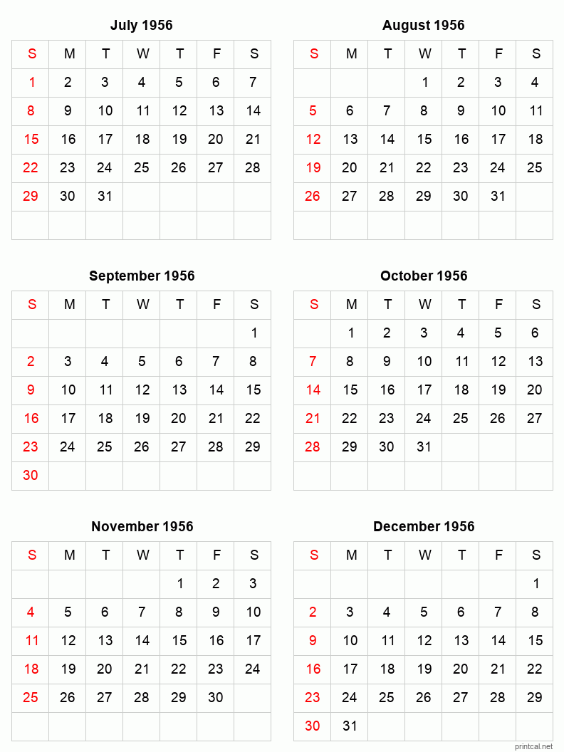 6 month calendar July to December 1956