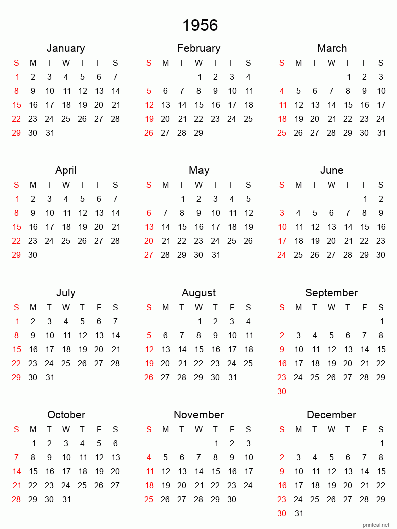 Printable 1956 Yearly Calendar