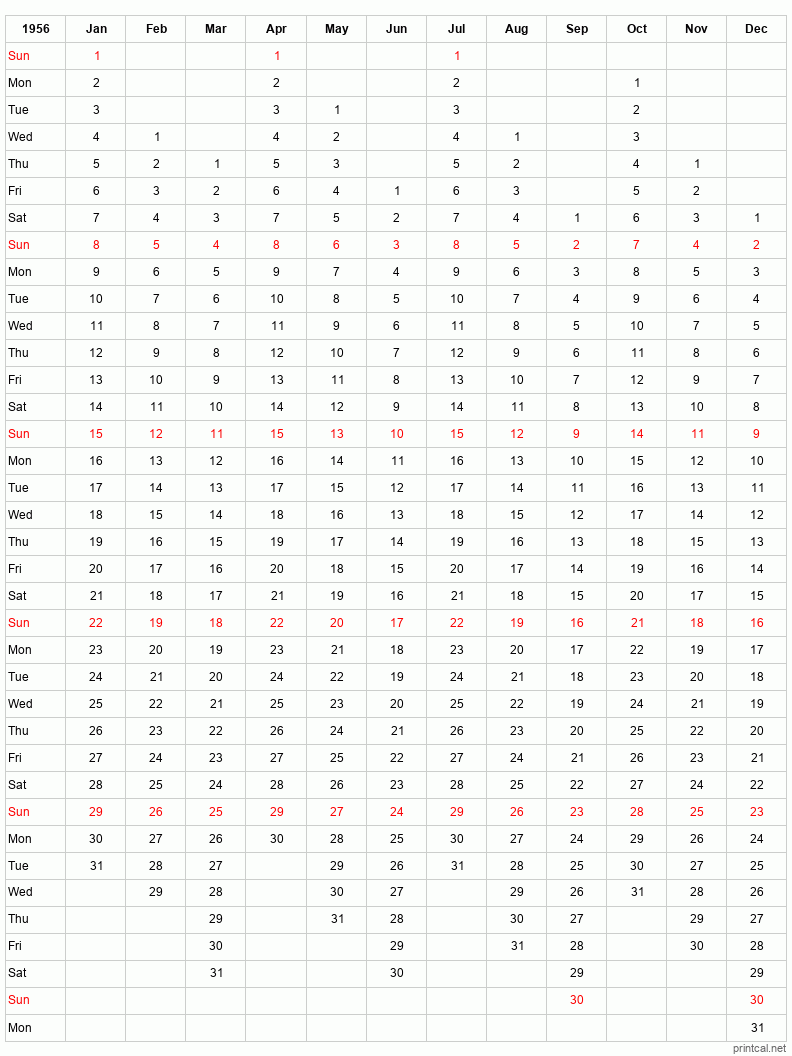 Printable 1956 12-Month One Page Calendar