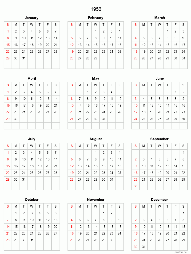 Printable 1956 Full-Year Calendar