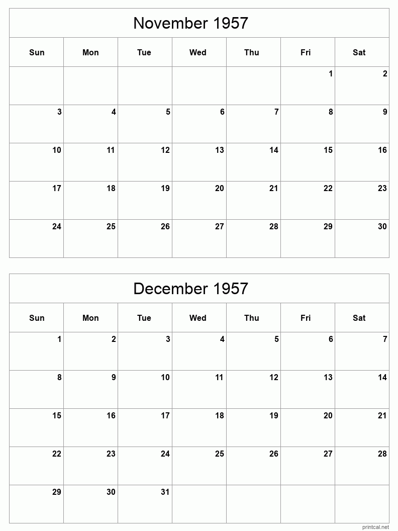 2 month calendar November to December 1957