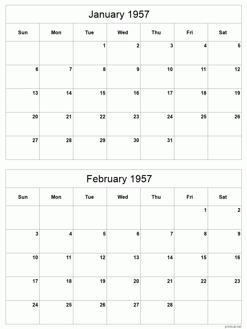 2 month calendar January to February 1957