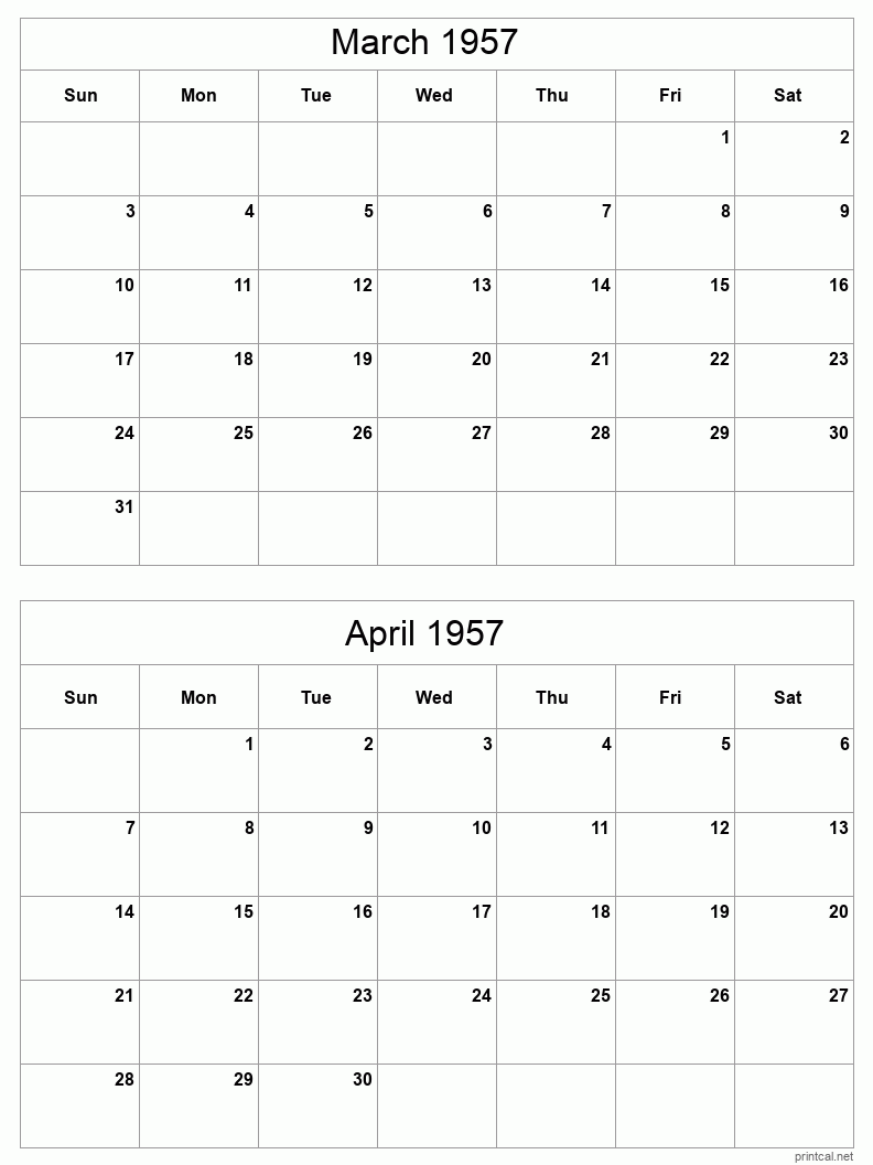 2 month calendar March to April 1957