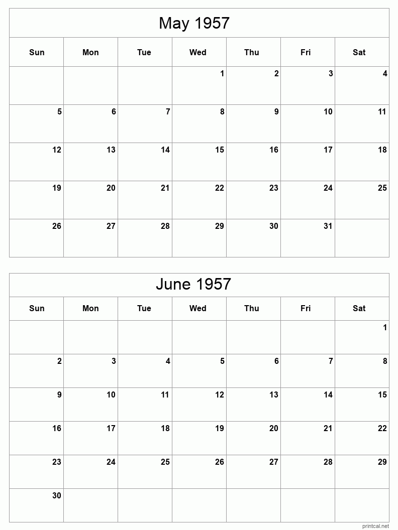 2 month calendar May to June 1957