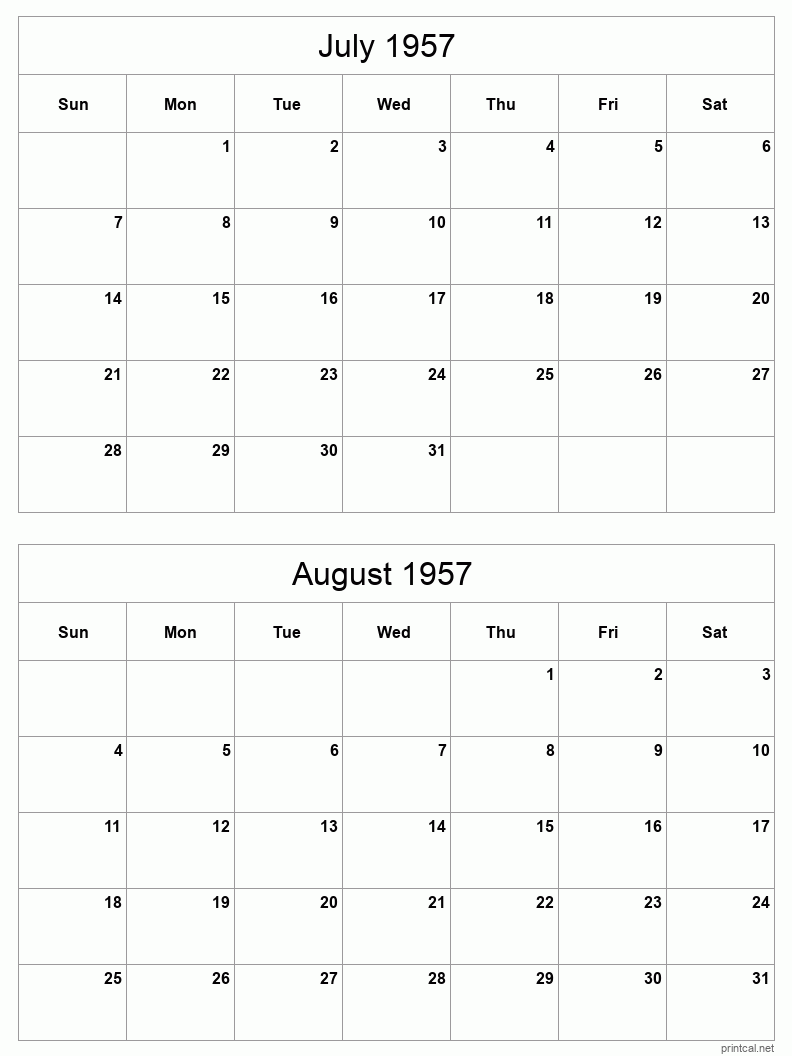 2 month calendar July to August 1957