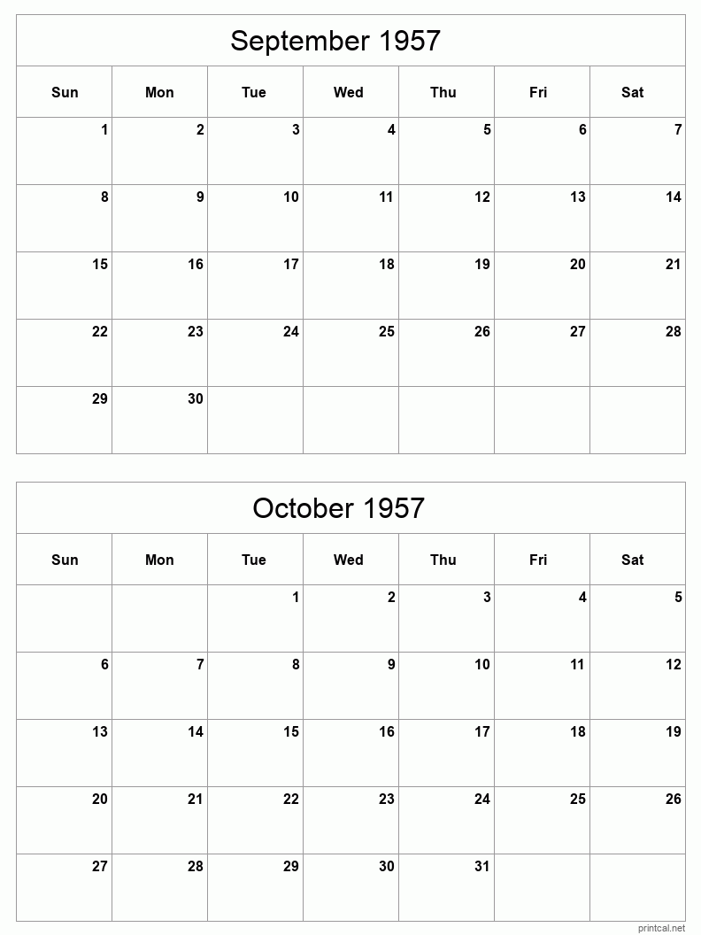 2 month calendar September to October 1957