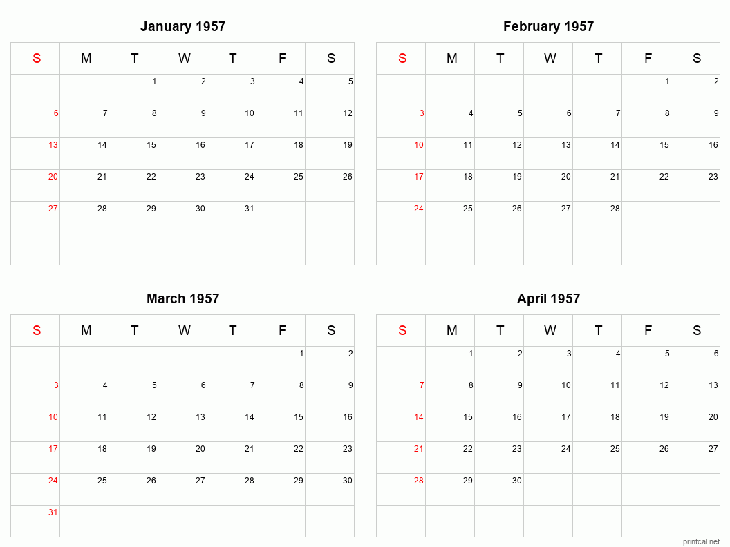 4 month calendar January to April 1957