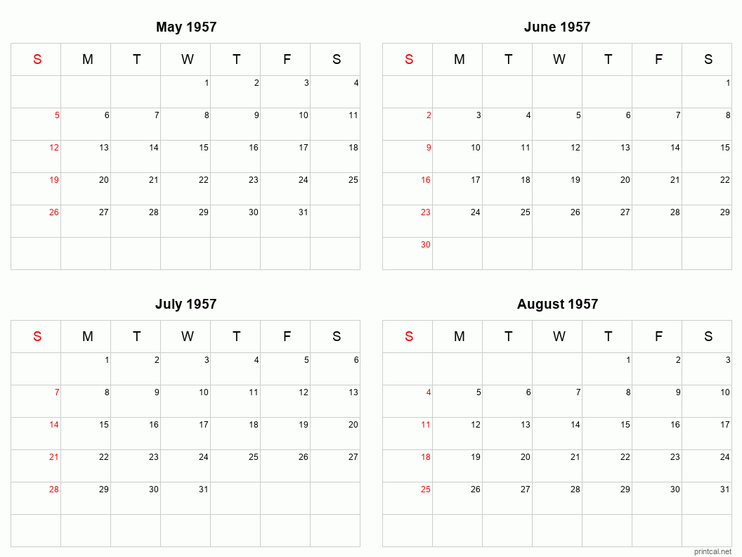 4 month calendar May to August 1957