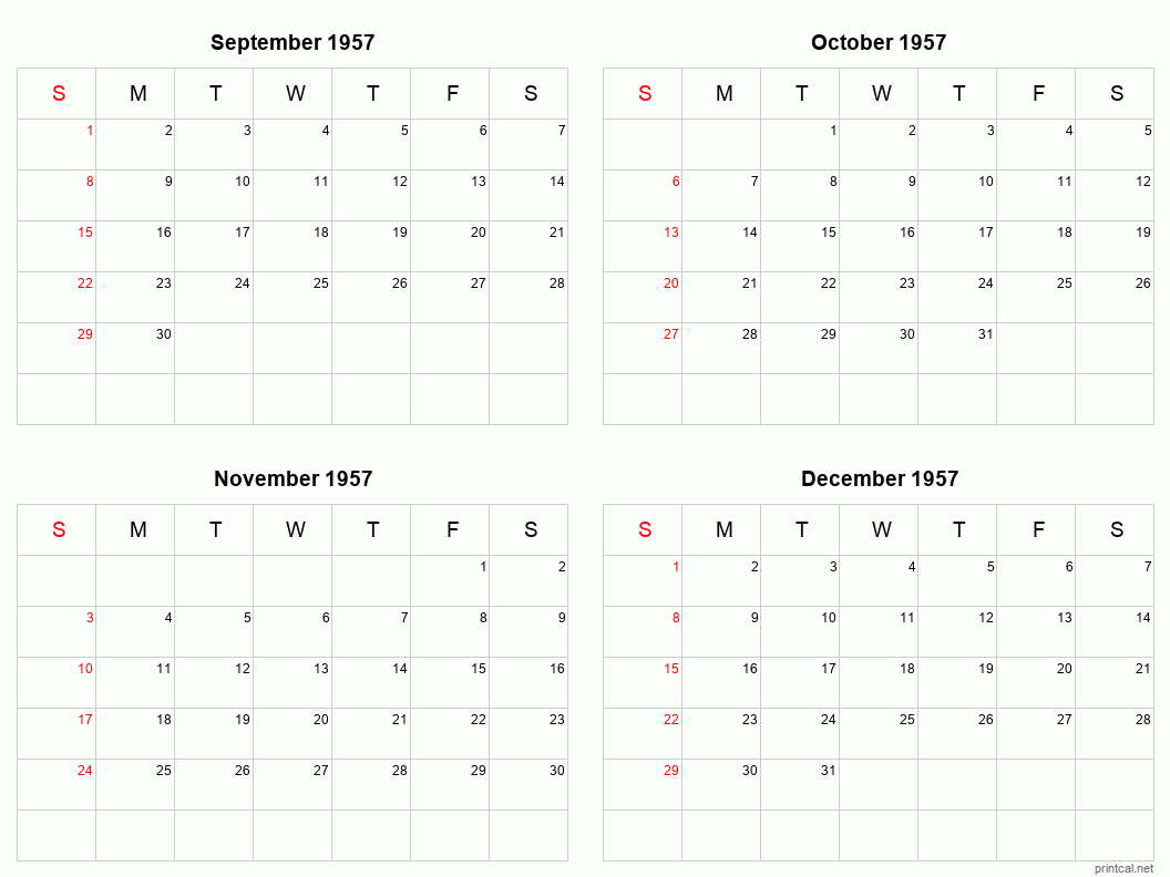 4 month calendar September to December 1957