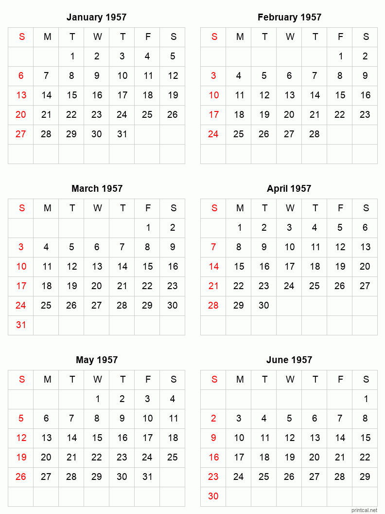 6 month calendar January to June 1957