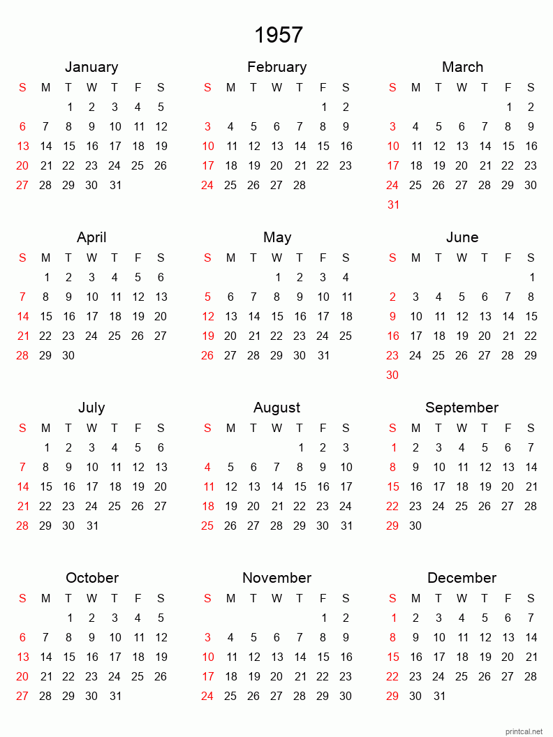 Printable 1957 Yearly Calendar