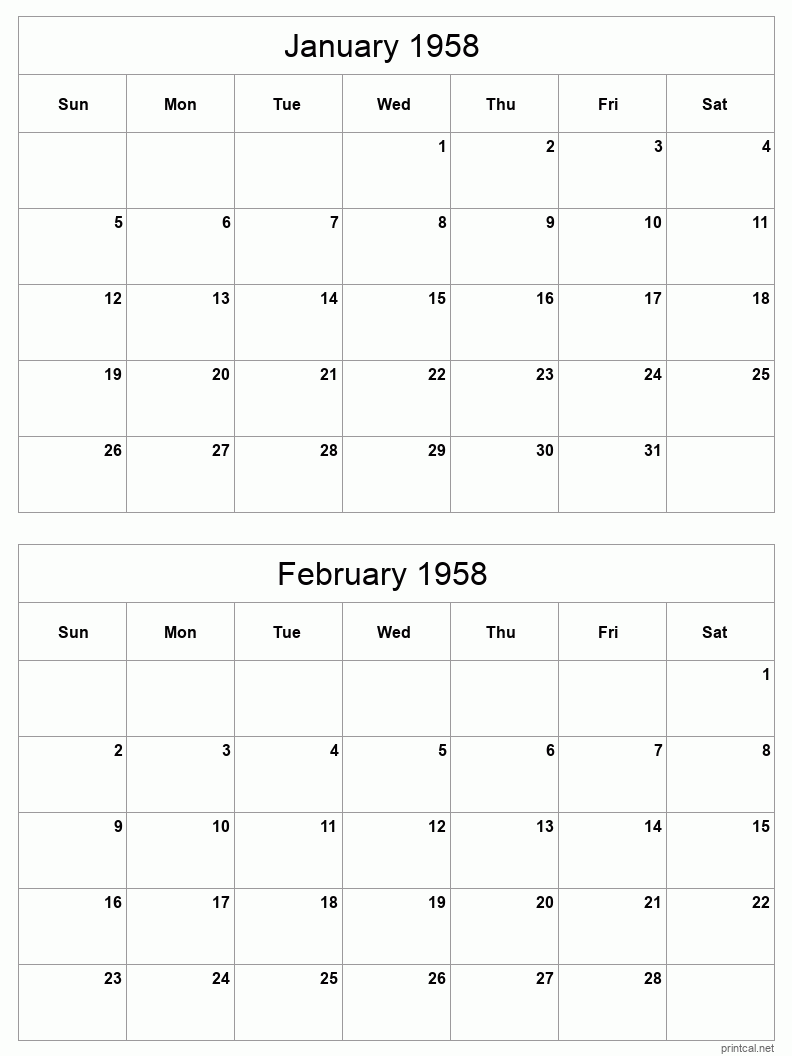 2 month calendar January to February 1958