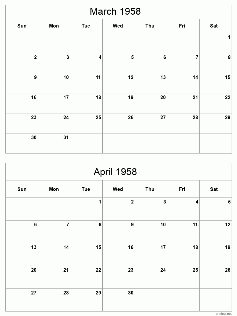 2 month calendar March to April 1958