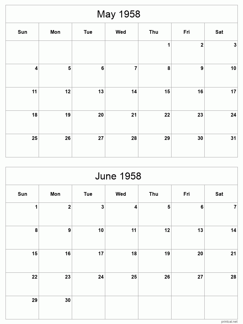 2 month calendar May to June 1958