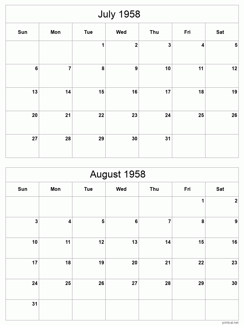 2 month calendar July to August 1958