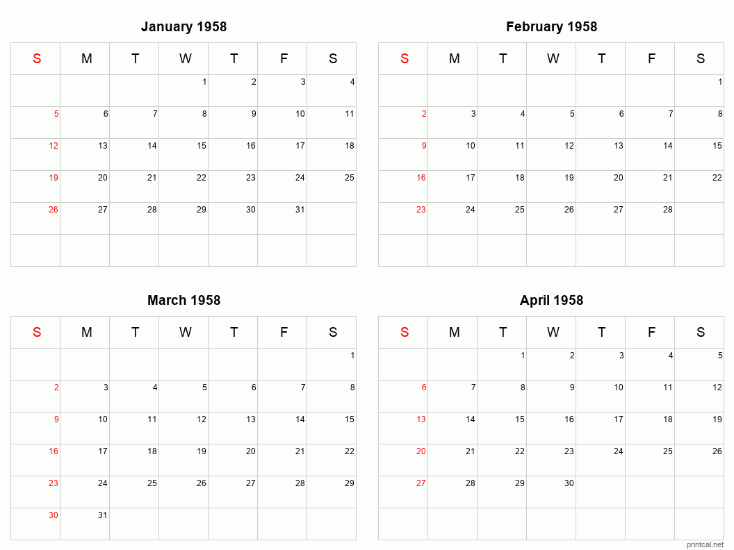 4 month calendar January to April 1958