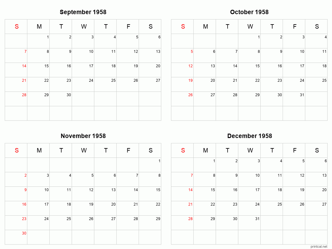 4 month calendar September to December 1958