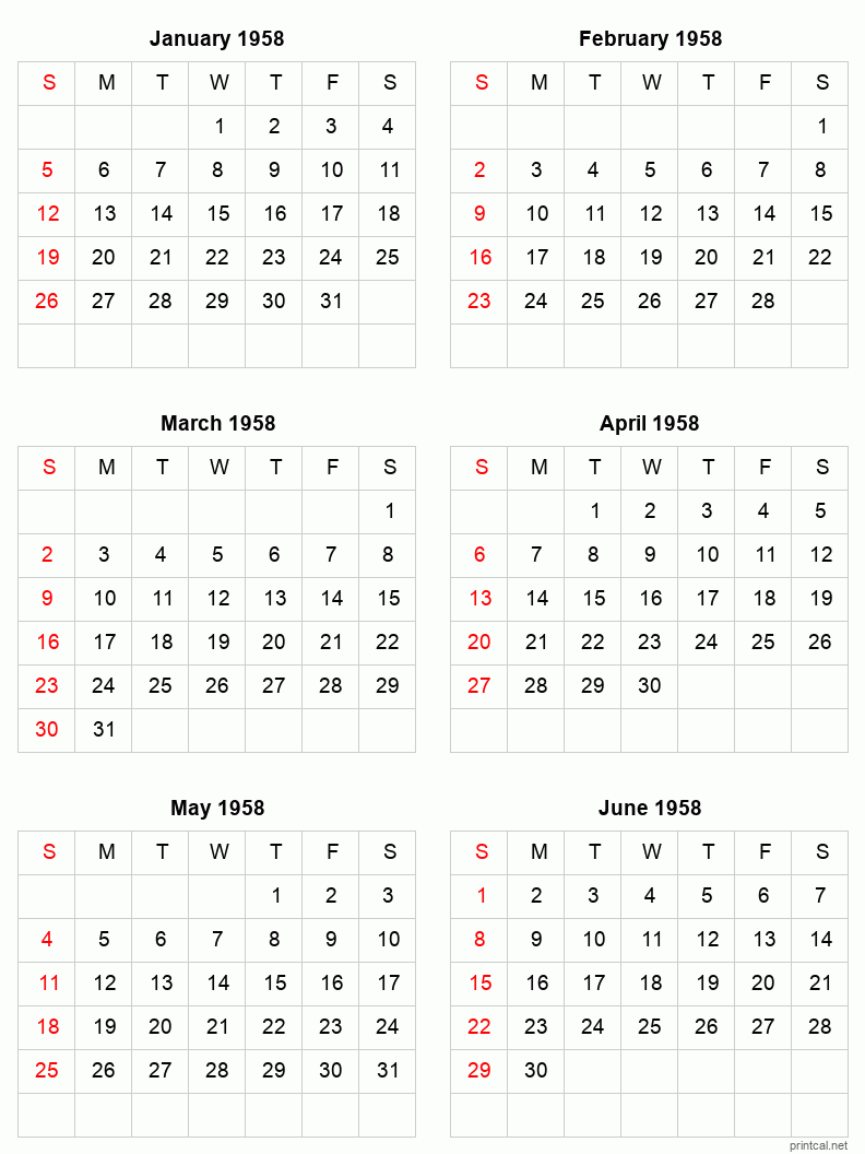 6 month calendar January to June 1958