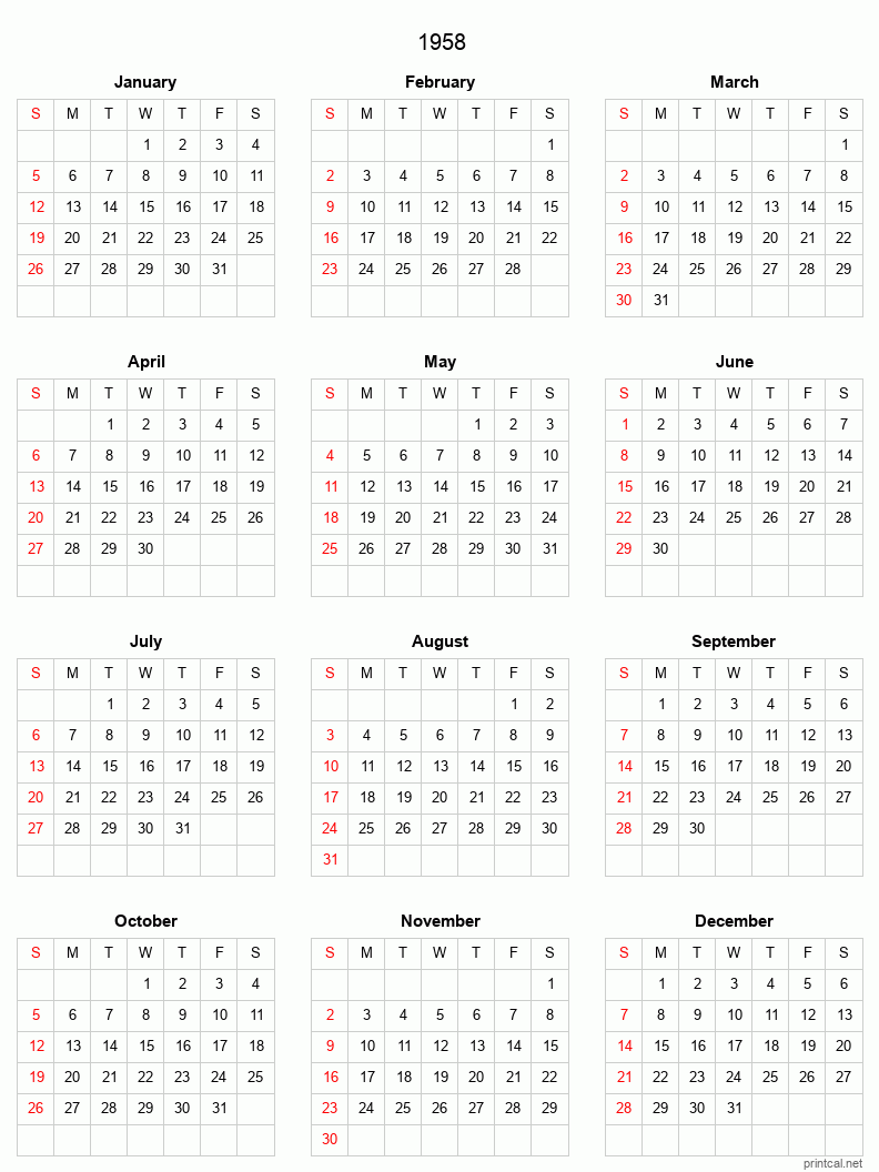 Printable 1958 Full-Year Calendar