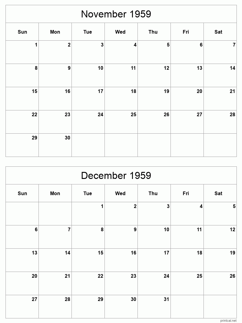 2 month calendar November to December 1959