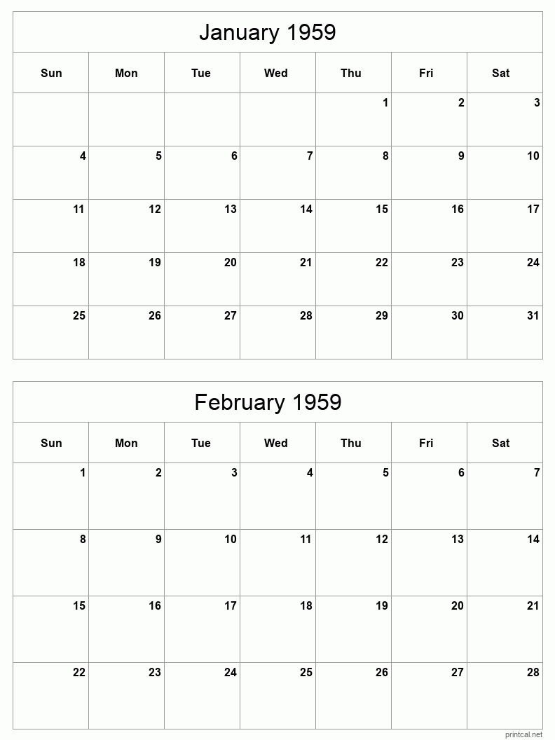 2 month calendar January to February 1959