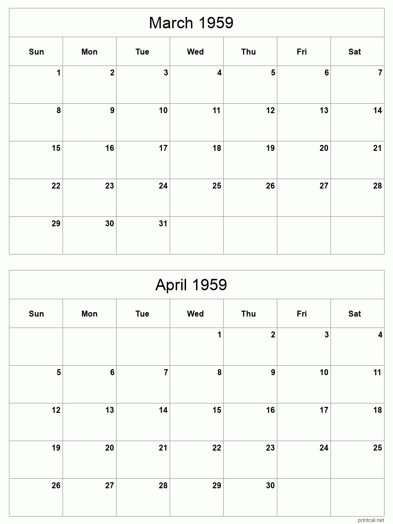 2 month calendar March to April 1959