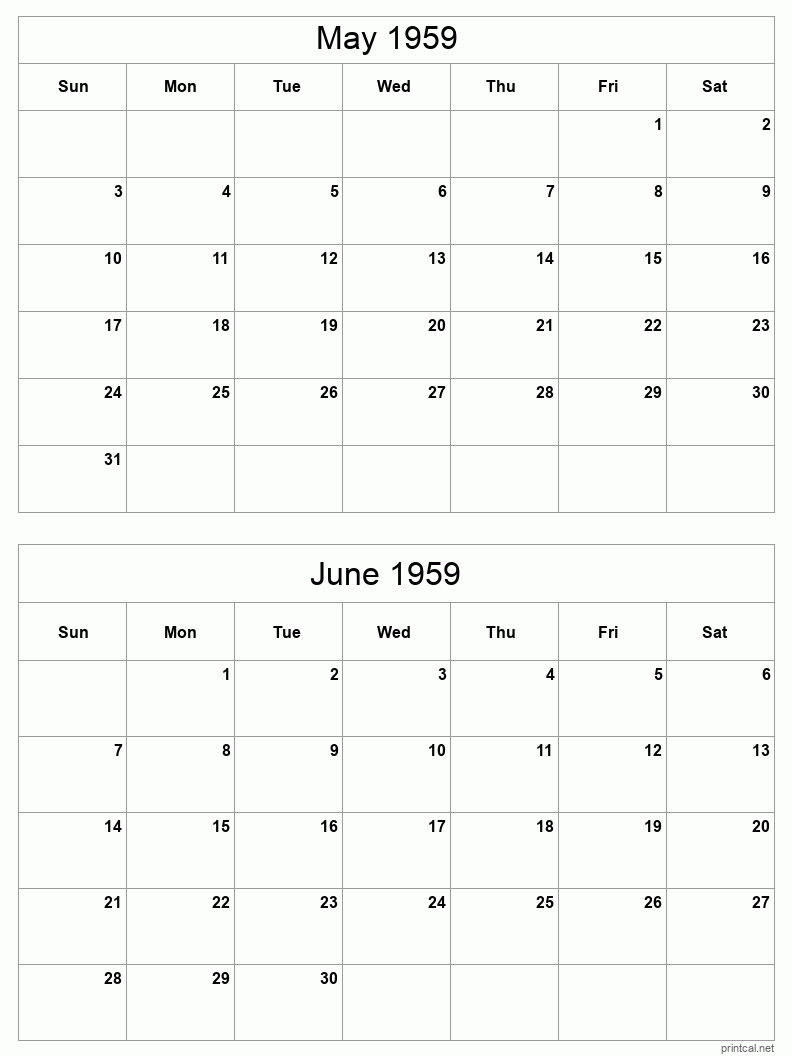 2 month calendar May to June 1959