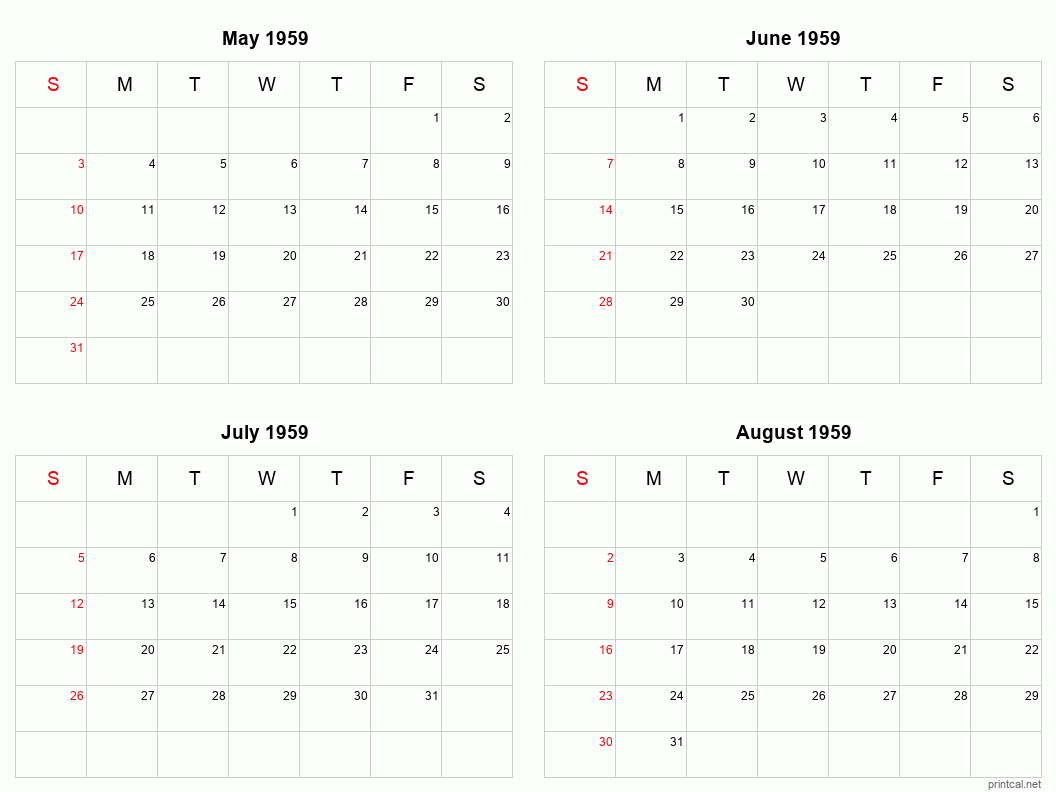 4 month calendar May to August 1959