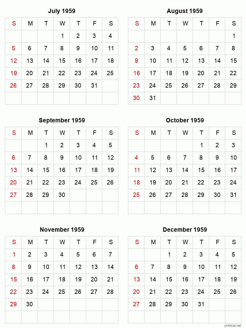 6 month calendar July to December 1959