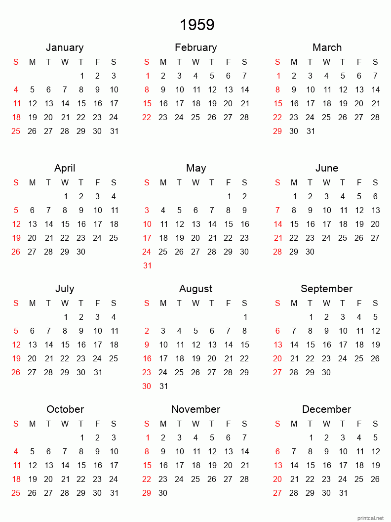 Printable 1959 Yearly Calendar