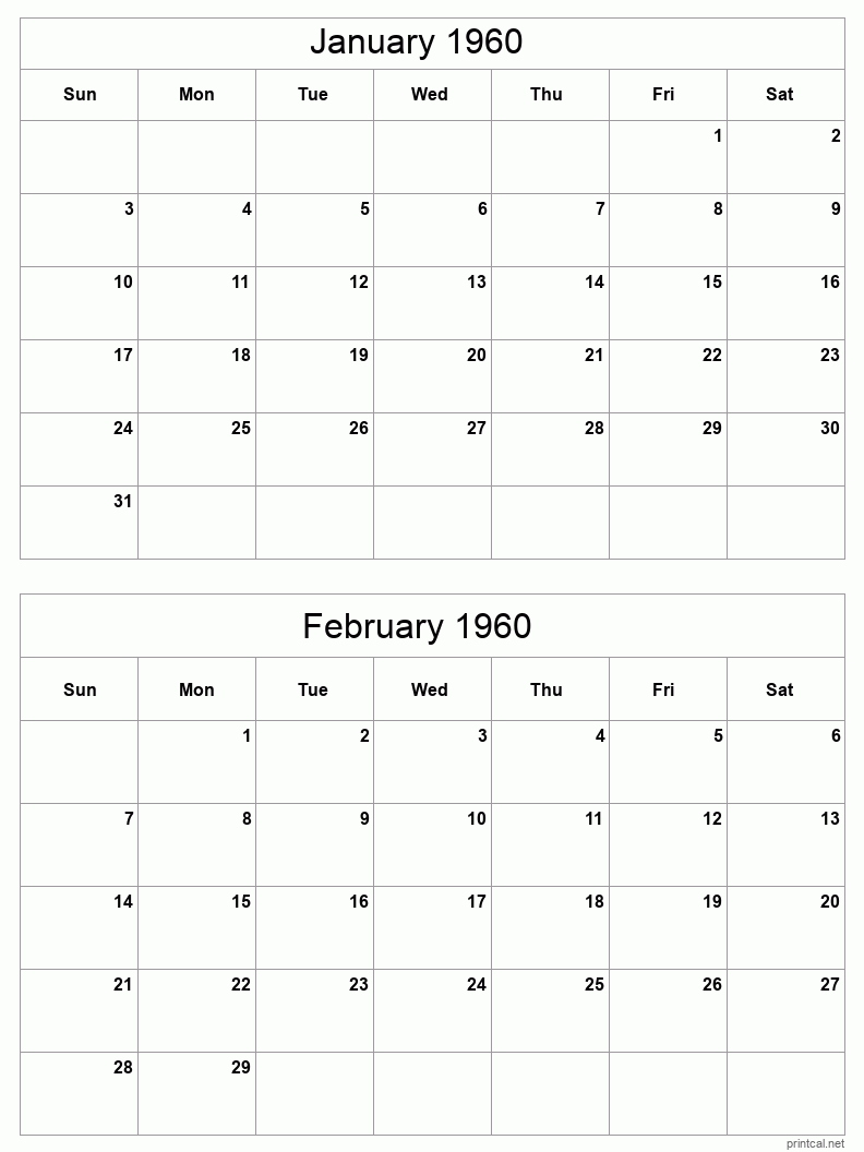 2 month calendar January to February 1960