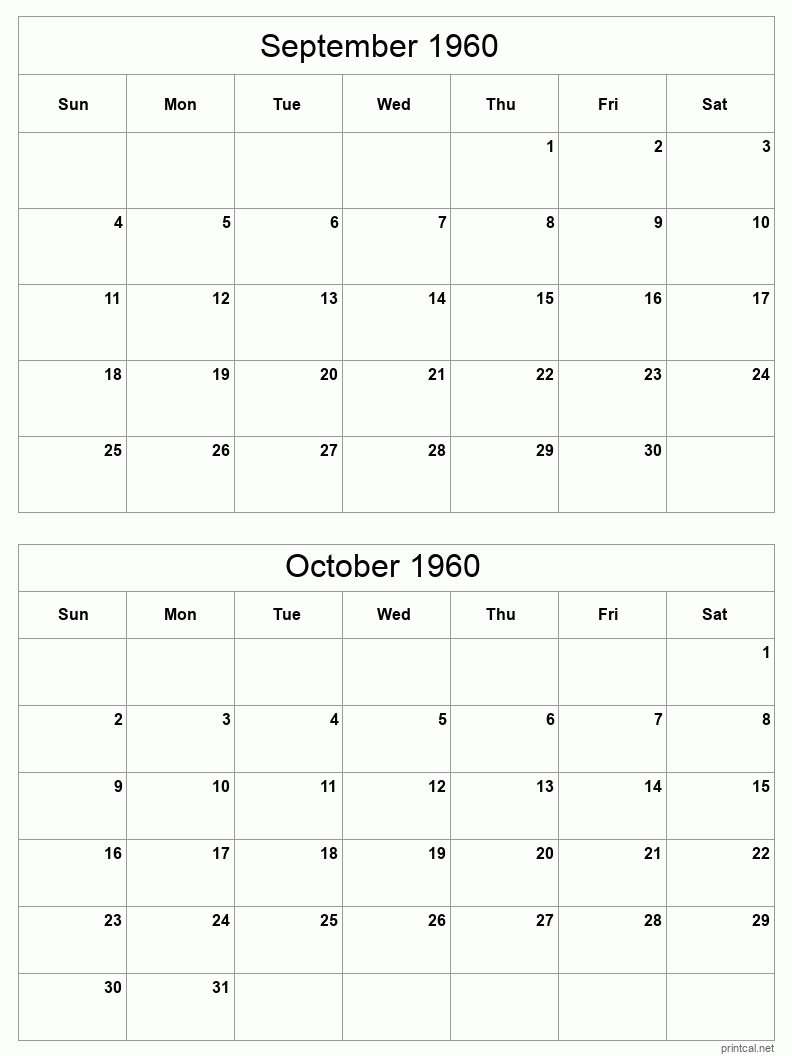 2 month calendar September to October 1960