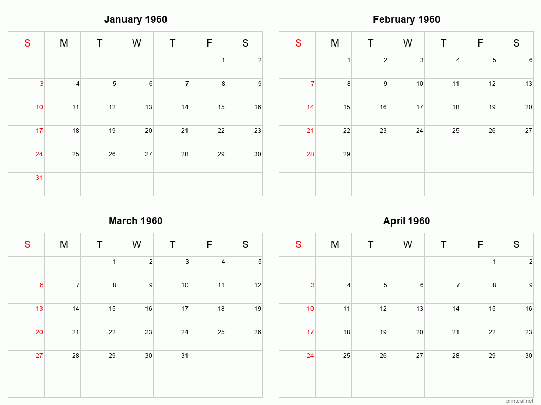 4 month calendar January to April 1960