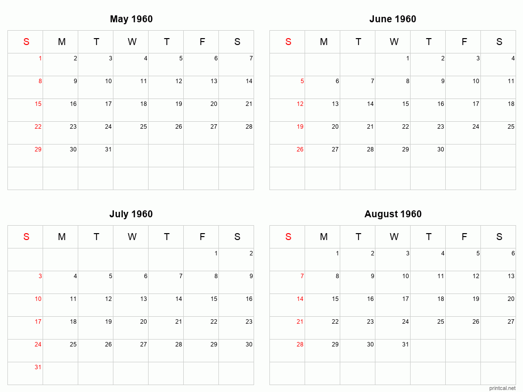 4 month calendar May to August 1960