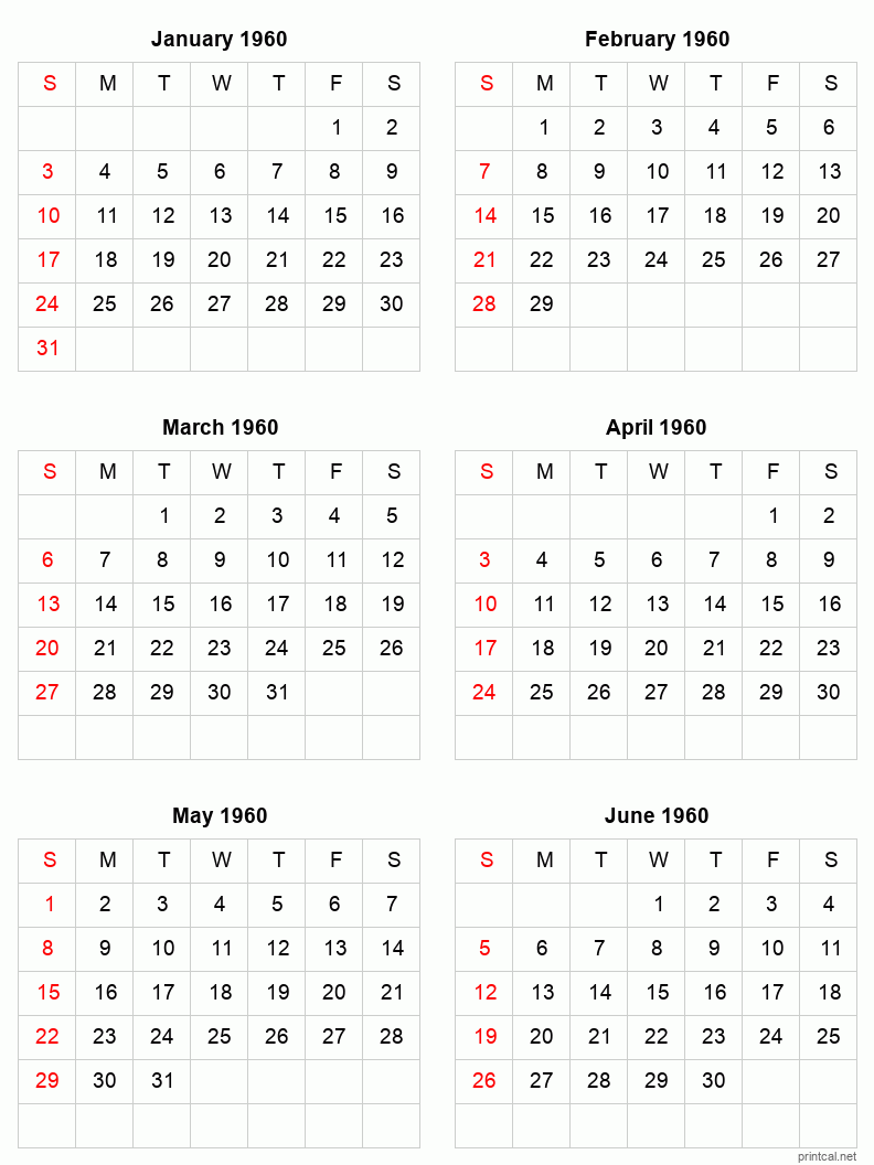 6 month calendar January to June 1960