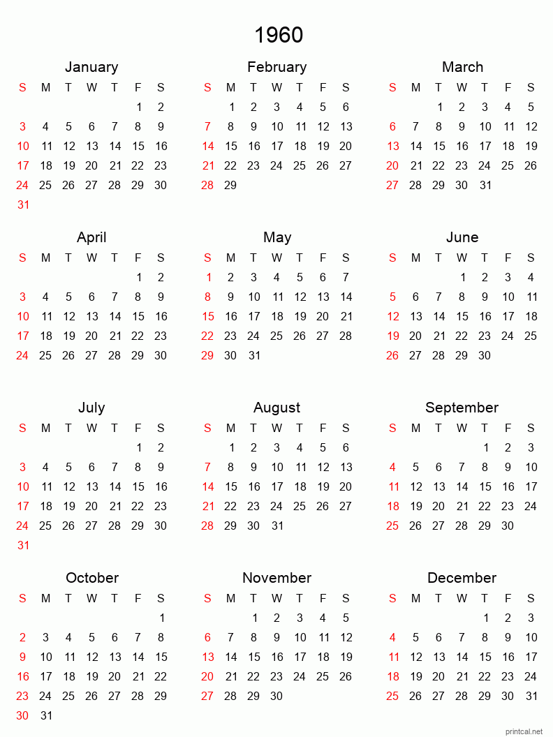 Printable 1960 Yearly Calendar