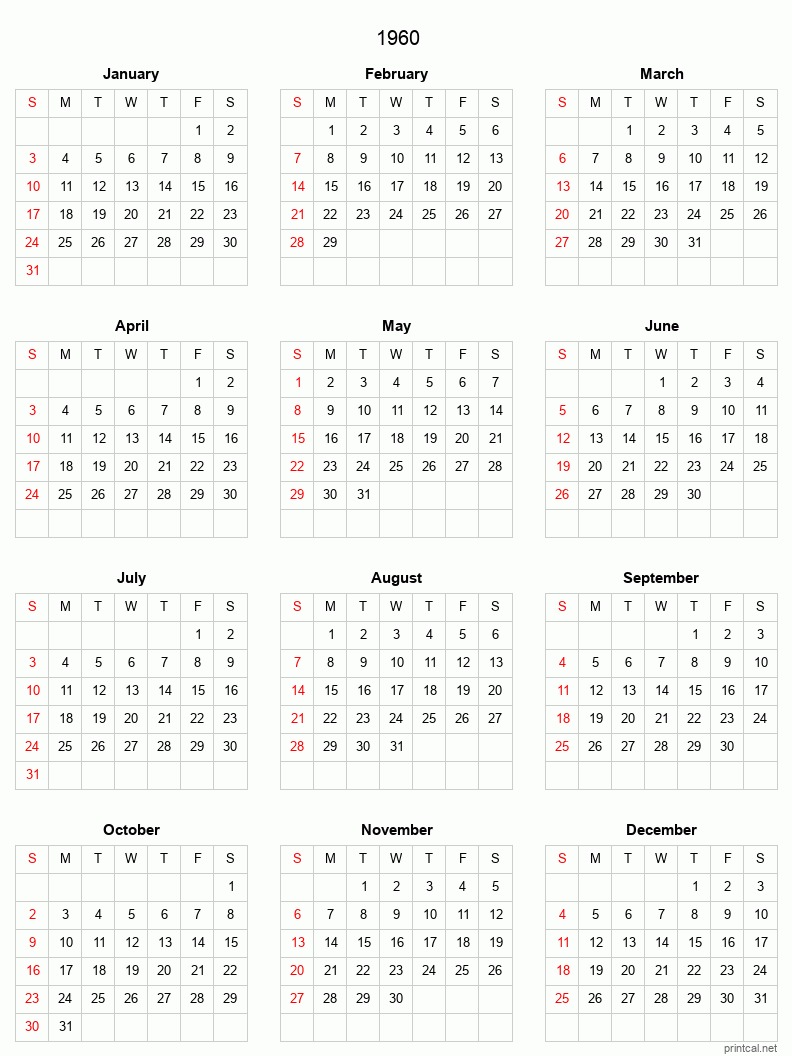 Printable 1960 Full-Year Calendar