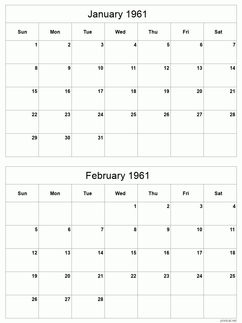 2 month calendar January to February 1961