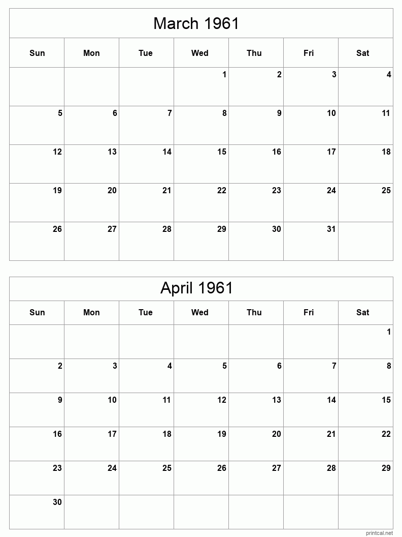 2 month calendar March to April 1961