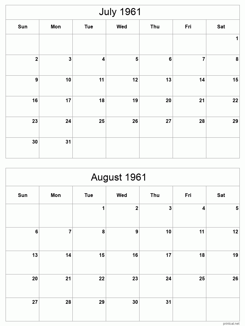 2 month calendar July to August 1961