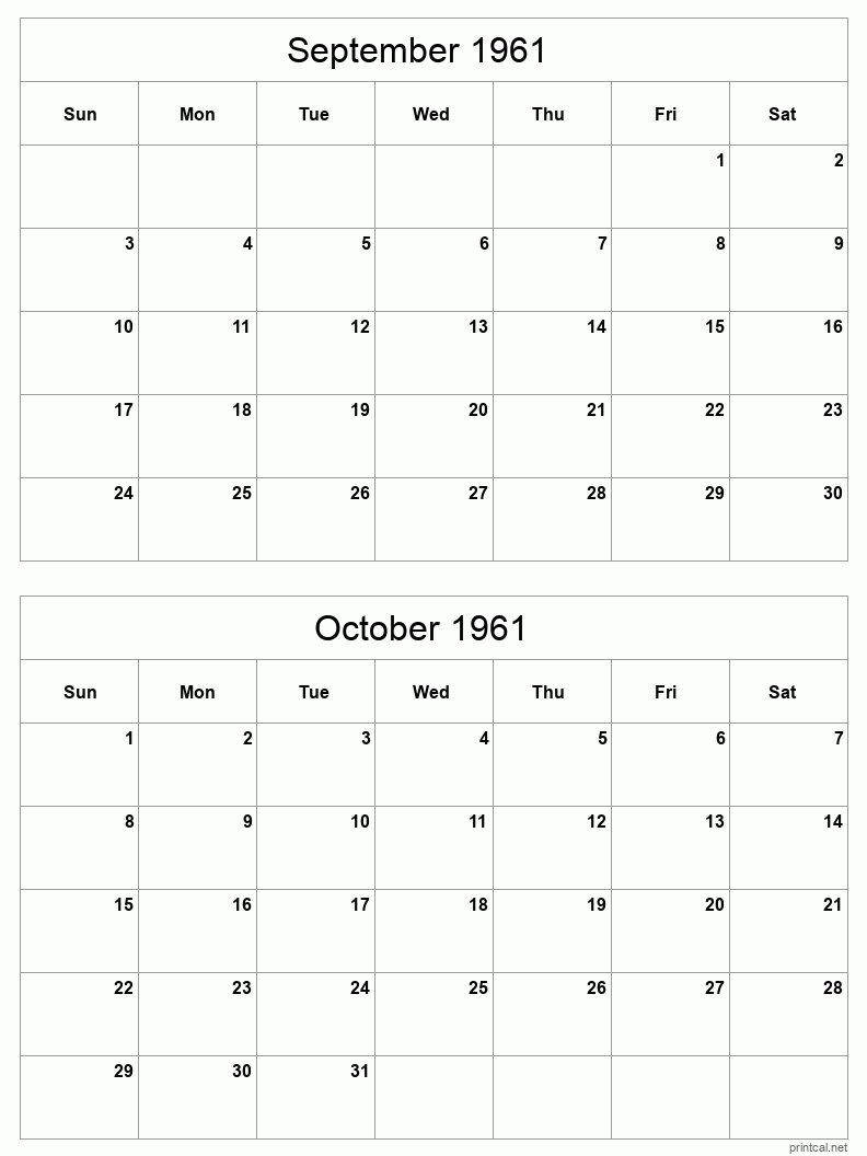 2 month calendar September to October 1961