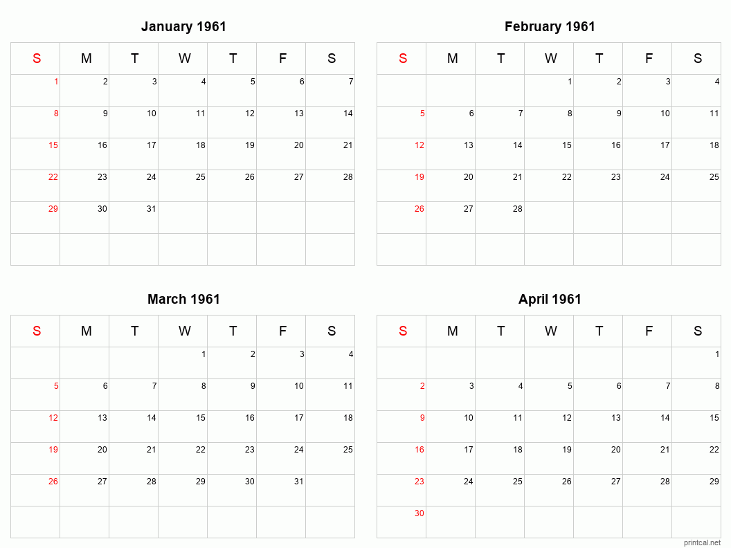 4 month calendar January to April 1961