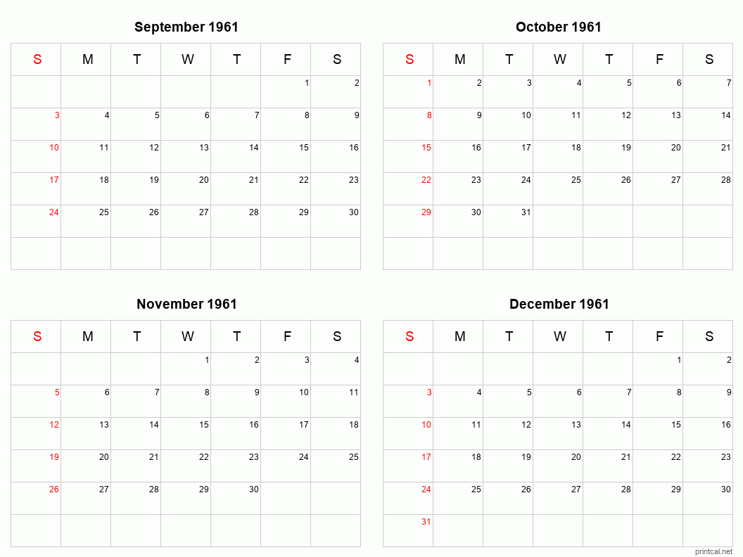 4 month calendar September to December 1961