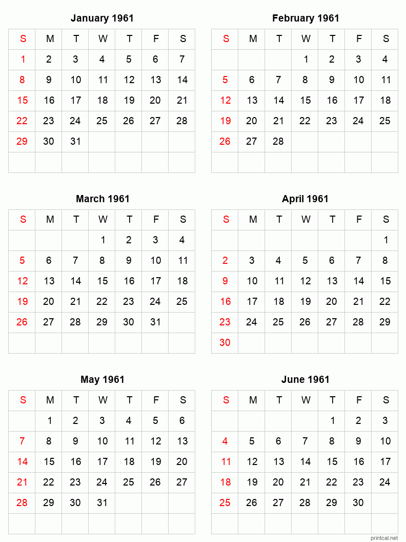 6 month calendar January to June 1961